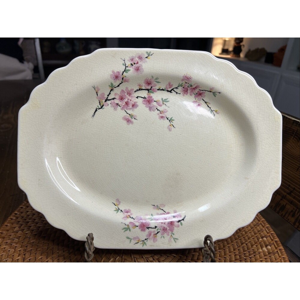 Vintage Serving Tray Plate Pink Cherry Blossoms Flowers Some Crazing No Chips